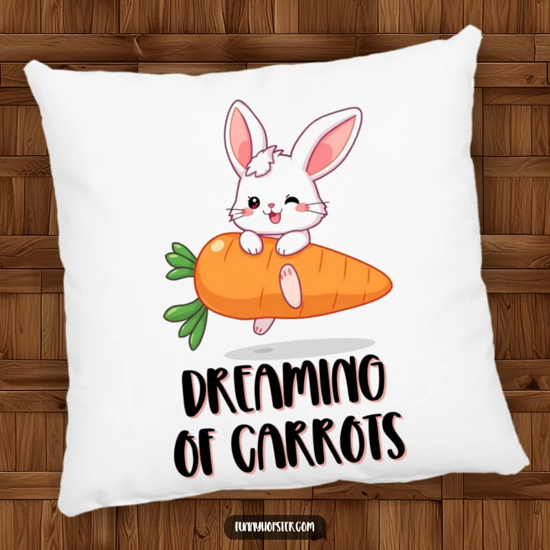 Funny pillow showing a fluffy bunny character with large ears bouncing gleefully on a giant carrot, radiating pure bliss.