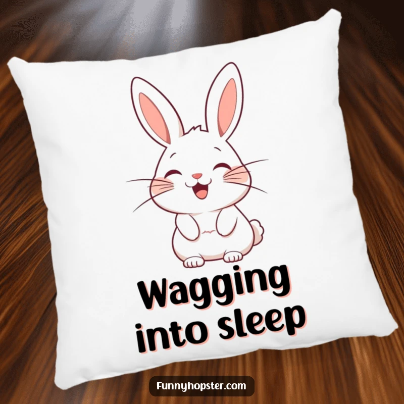 Funny pillow showing a stylized rabbit character with exaggerated whiskers wagging with pure, infectious delight.