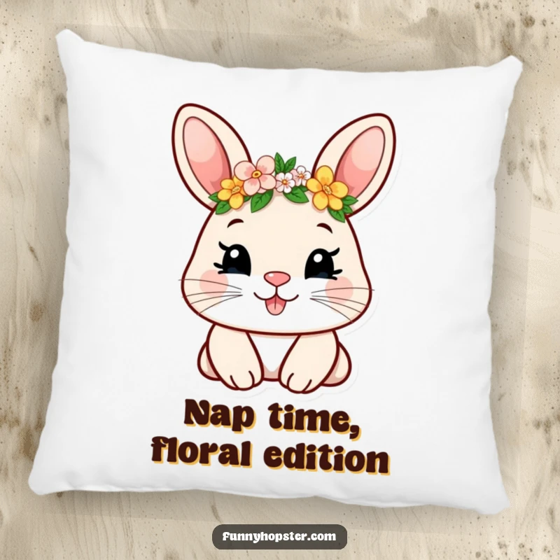Funny pillow showcasing a smiling rabbit wearing a tiny flower crown, offering soft comfort and a dose of adorable humor.