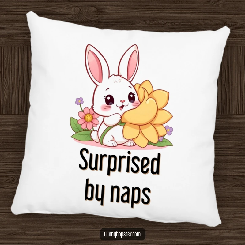 Funny pillow showcasing a surprised kawaii rabbit discovering a giant flower, providing comfort and a touch of innocent wonder.