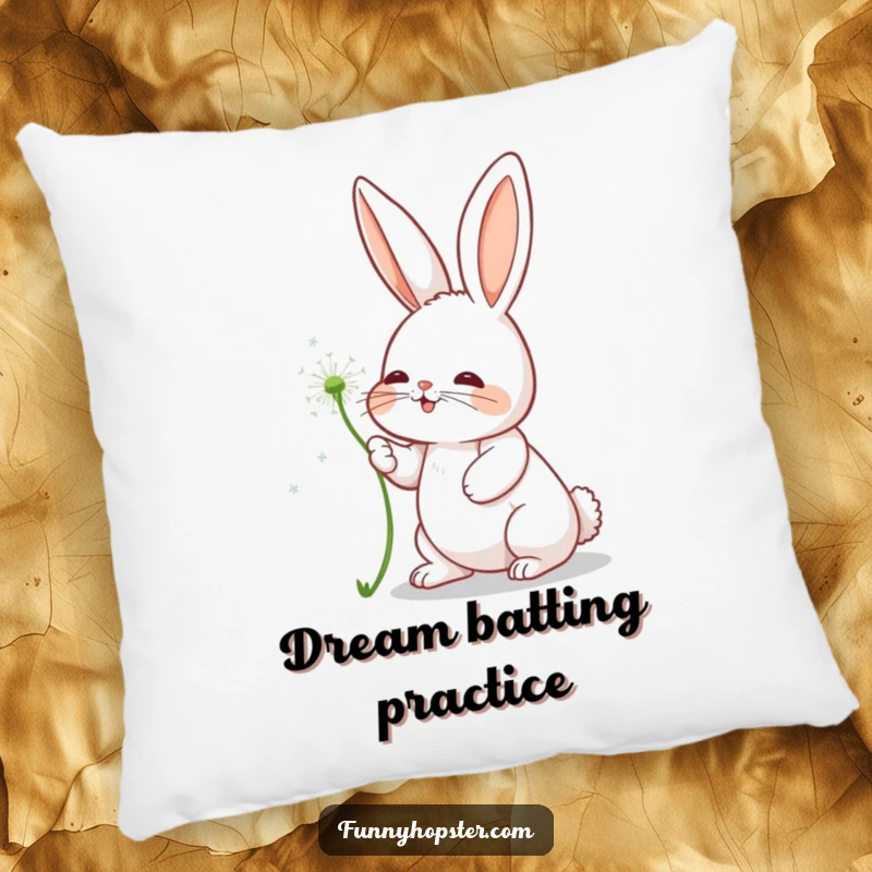 Funny pillow featuring a rabbit character playfully batting at a dandelion seed, adding a touch of whimsy.