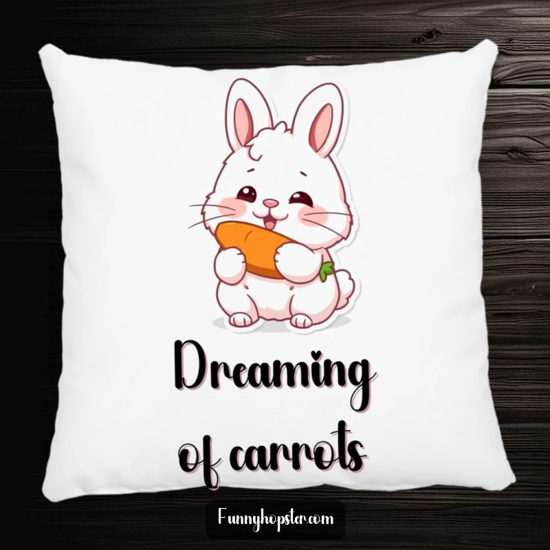 Funny pillow featuring a fluffy rabbit with twitching whiskers, happily eating a carrot, offering comfort and a cheerful vibe.