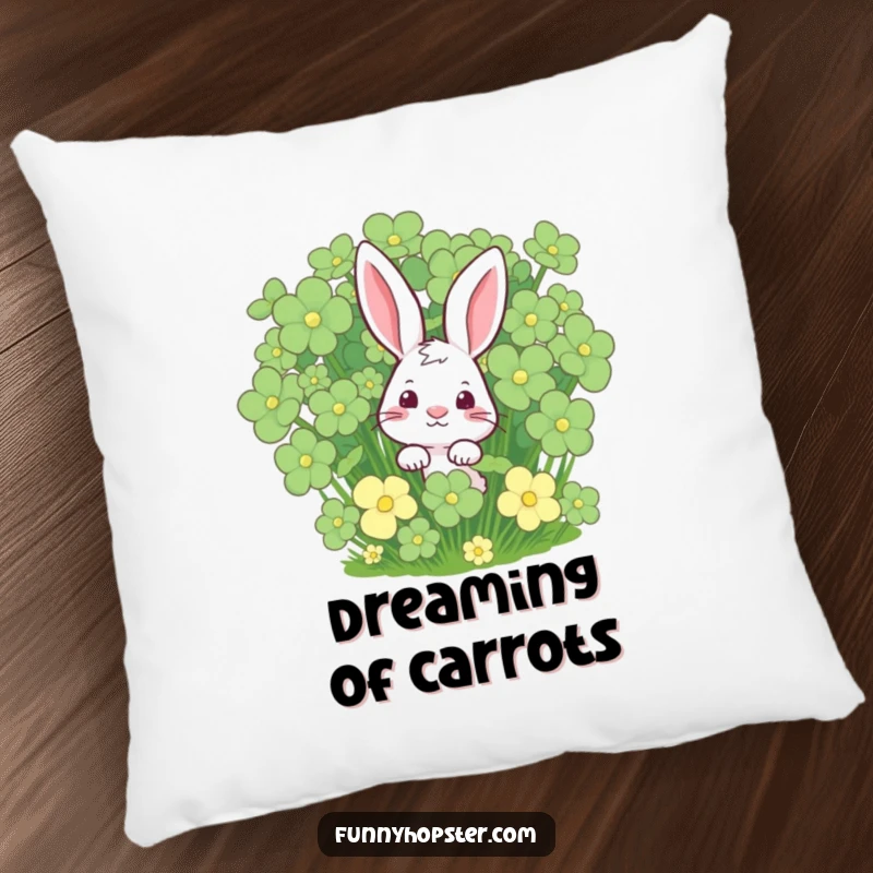 Funny rabbit peeking from a clover patch on a soft pillow, offering comfort and charm, a perfect funny gift.