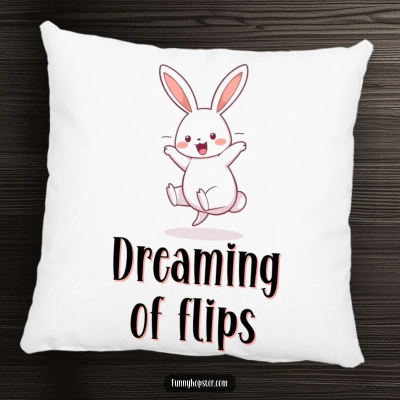 Funny pillow featuring a cheerful rabbit in a cartwheel pose, ears trailing, offering comfort and playful charm.