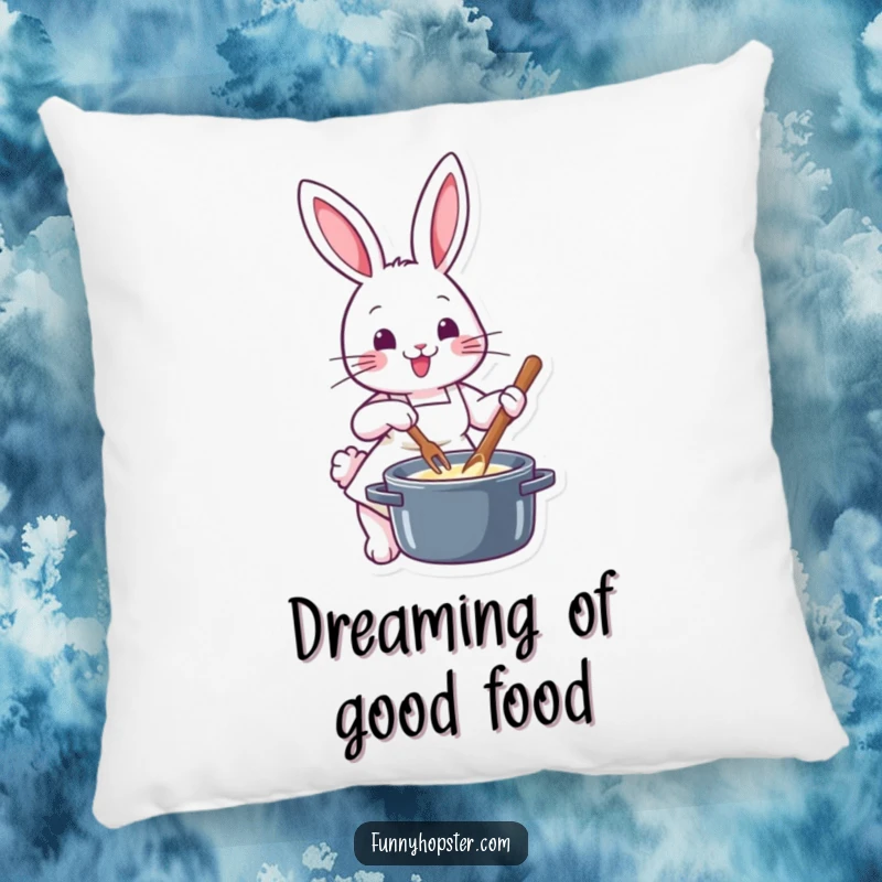 Funny chef rabbit in a tiny apron, stirring a pot with gusto, presented as a soft and decorative pillow for cozy spaces.