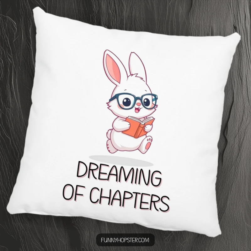 Funny pillow featuring a fluffy rabbit in glasses, hopping with a book, radiating studious cheer and inviting comfort.