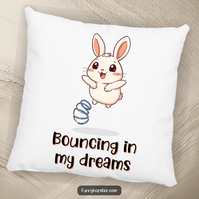 Funny pillow featuring a round rabbit bouncing ecstatically on a spring, radiating pure delight and happiness.