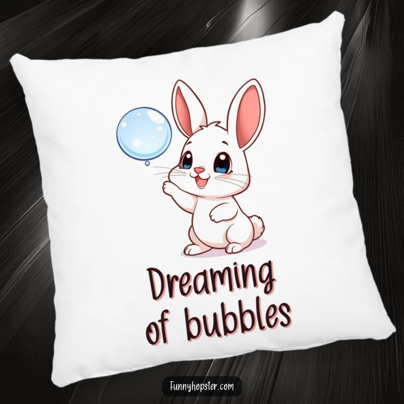 Funny pillow featuring a playful rabbit with big, happy eyes batting at a floating bubble, offering comfort and bubbly charm.