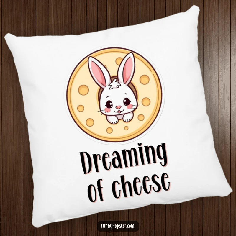 Funny pillow featuring a mischievous rabbit peeking out from a hole in a wheel of cheese, ready for a nap.