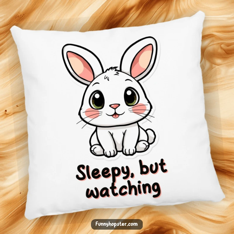 Funny pillow featuring a rabbit character with big, curious eyes, adding a touch of thoughtful charm.