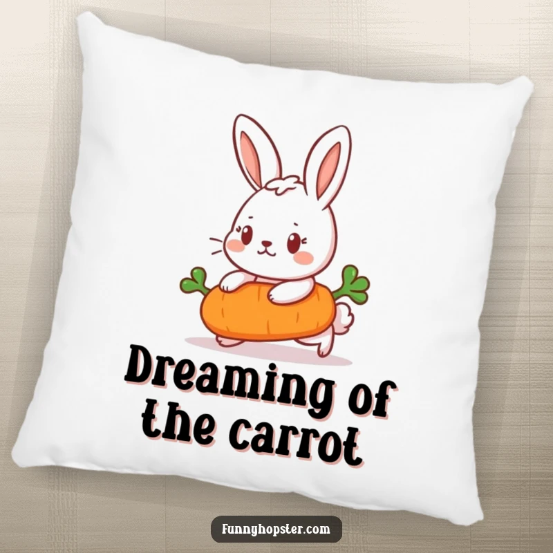 Funny Pillow showing a determined rabbit pushing a carrot, bringing comfort and motivational humor to relaxation spaces.