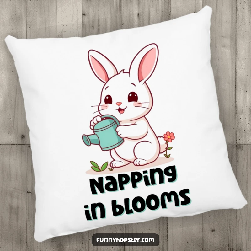 Funny pillow featuring a cheerful rabbit holding a watering can and tending to a small flower, offering comfort and charm.
