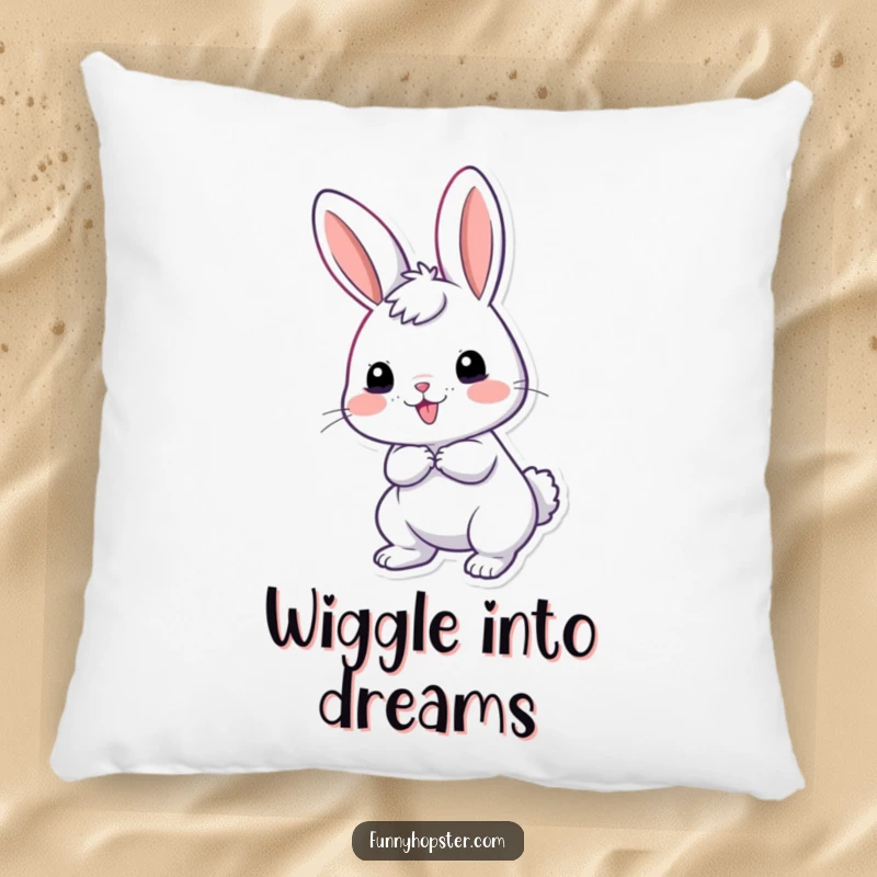 Funny pillow designed with a giddy rabbit character, tail wiggling excitedly, offering humorous and comfortable decor.
