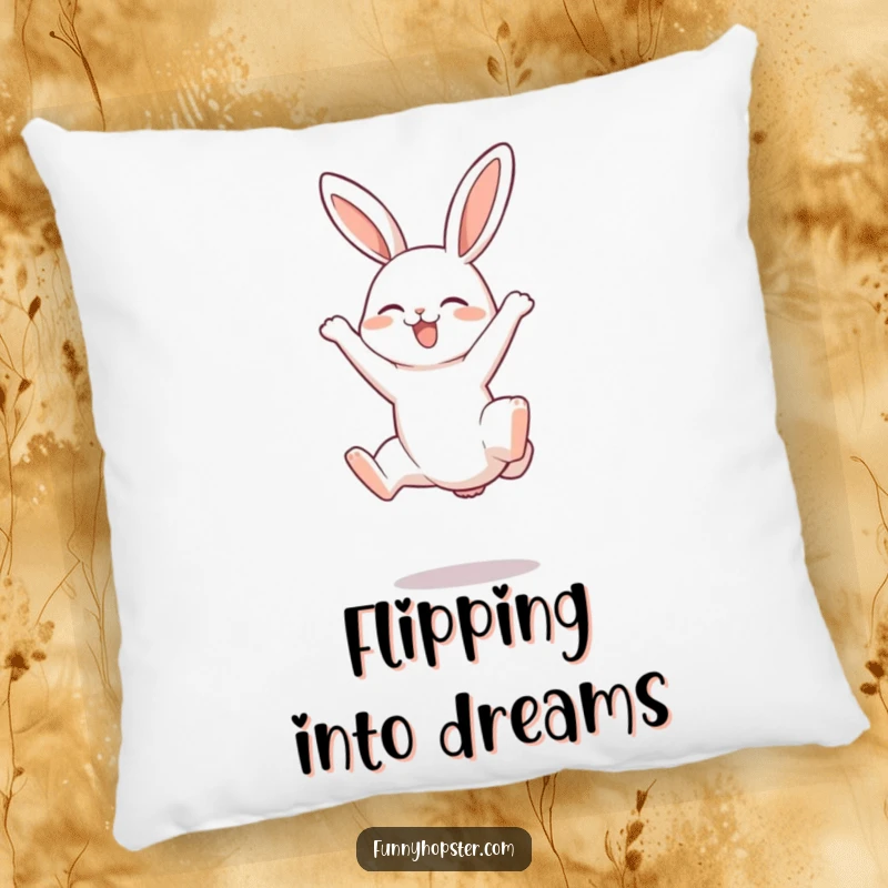 Funny pillow featuring a rabbit doing a joyful somersault with its little legs in the air, adding a fun element.