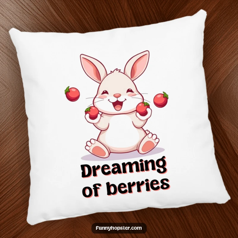 Funny pillow featuring a happy rabbit skillfully juggling three shiny berries with its paws, looking accomplished.