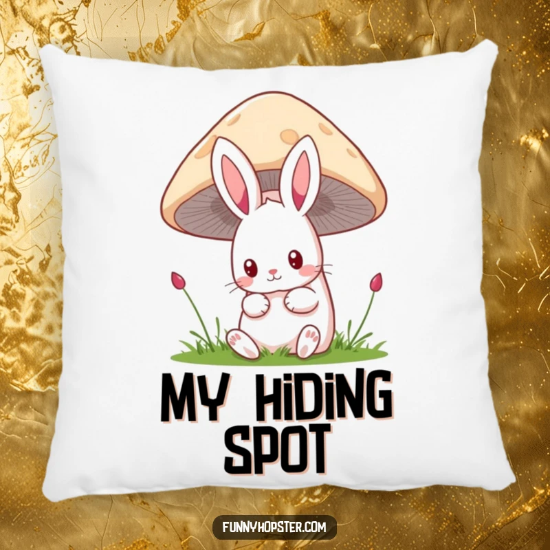 Funny kawaii rabbit pillow with a cute bunny peeking curiously from behind a large mushroom, full of wonder and charm.