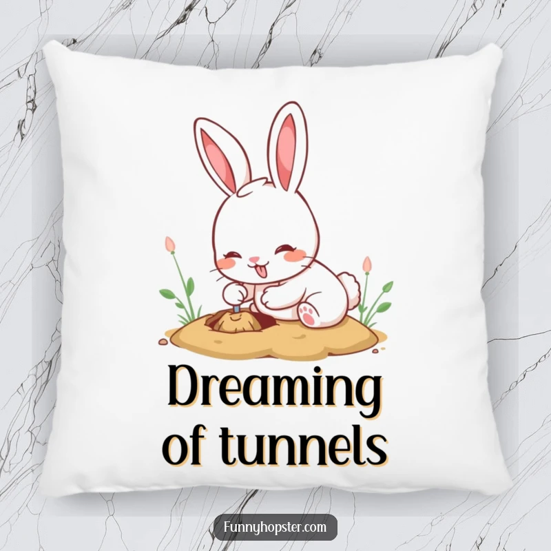 Funny kawaii rabbit pillow with a cute bunny digging a hole with comical enthusiasm and a big, happy smile.