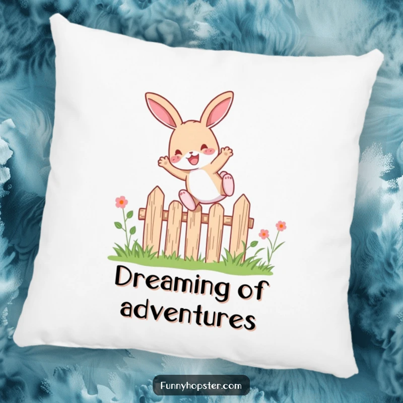 Funny rabbit character joyfully leaping over a small garden fence, presented as a soft and decorative pillow.