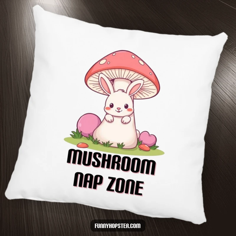 Funny pillow featuring a mischievous rabbit peeking from behind a giant mushroom, soft and decorative.