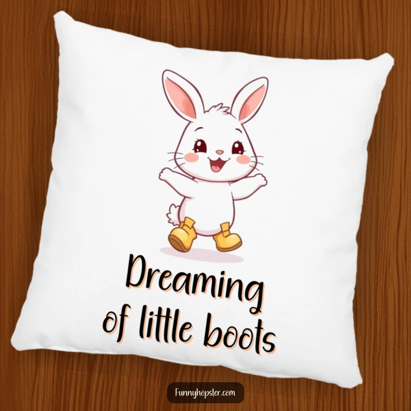 Funny pillow featuring a smiling rabbit wearing tiny boots, caught in a moment of ecstatic, happy dance.