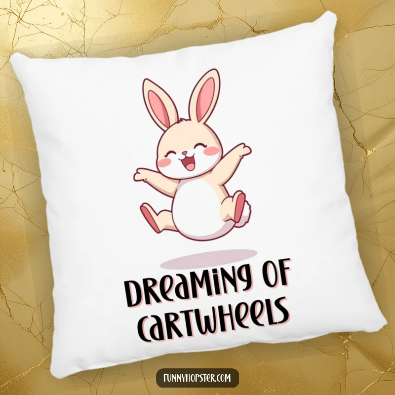 Funny Rabbit Pillow: A soft and comfortable pillow showcasing a rabbit in a joyful cartwheel, adding playful charm to any room.