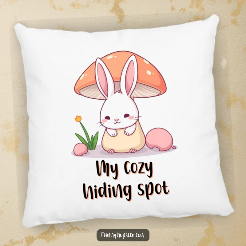 Funny Pillow with a shy rabbit's ears peeking from behind a mushroom, offering comfort and cute, humorous decor.