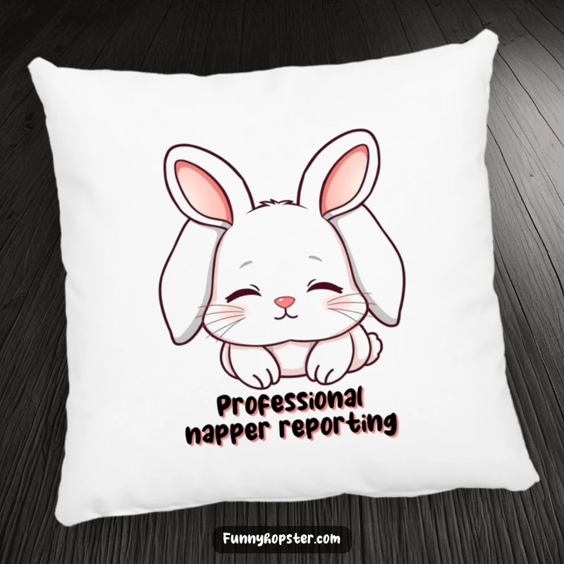 Funny pillow featuring a kawaii rabbit with long, flopped ears, looking sleepy and content, offering ultimate cozy comfort.