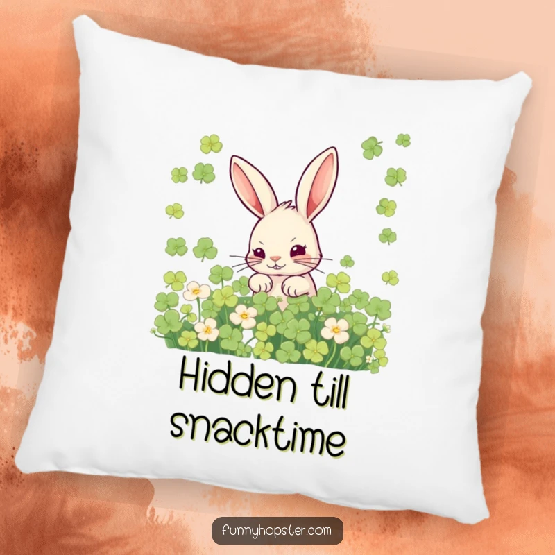 Funny pillow designed with a mischievous rabbit hiding in clover, offering a humorous and comfortable decorative accent.