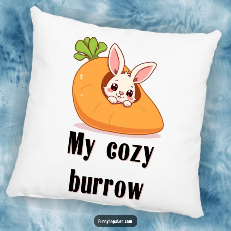 Funny pillow featuring a curious rabbit peeking from a giant carrot, offering comfort and playful, hidden charm.