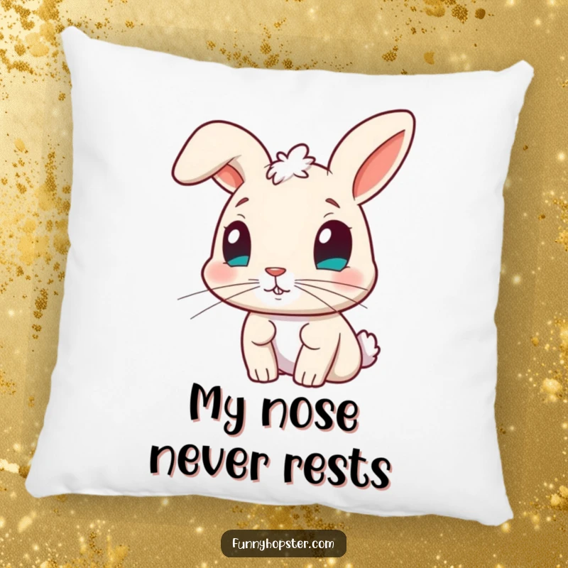 Funny pillow featuring a curious rabbit character with its nose twitching, offering comfort and a touch of playful inquisitiveness.