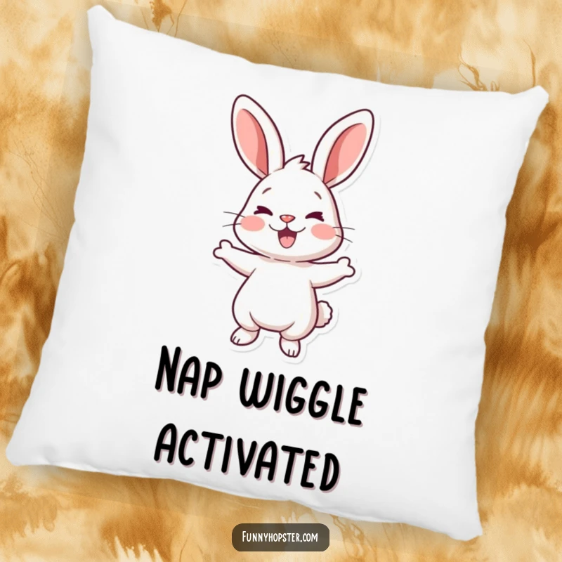 Funny pillow showcasing a cartoon rabbit doing a happy wiggle, perfect for adding comfort and humor to any space.