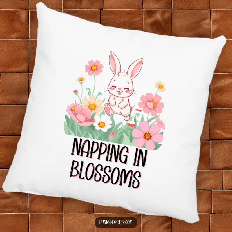 Funny pillow showing a playful rabbit with a mischievous grin hopping through a field of oversized, colorful flowers.