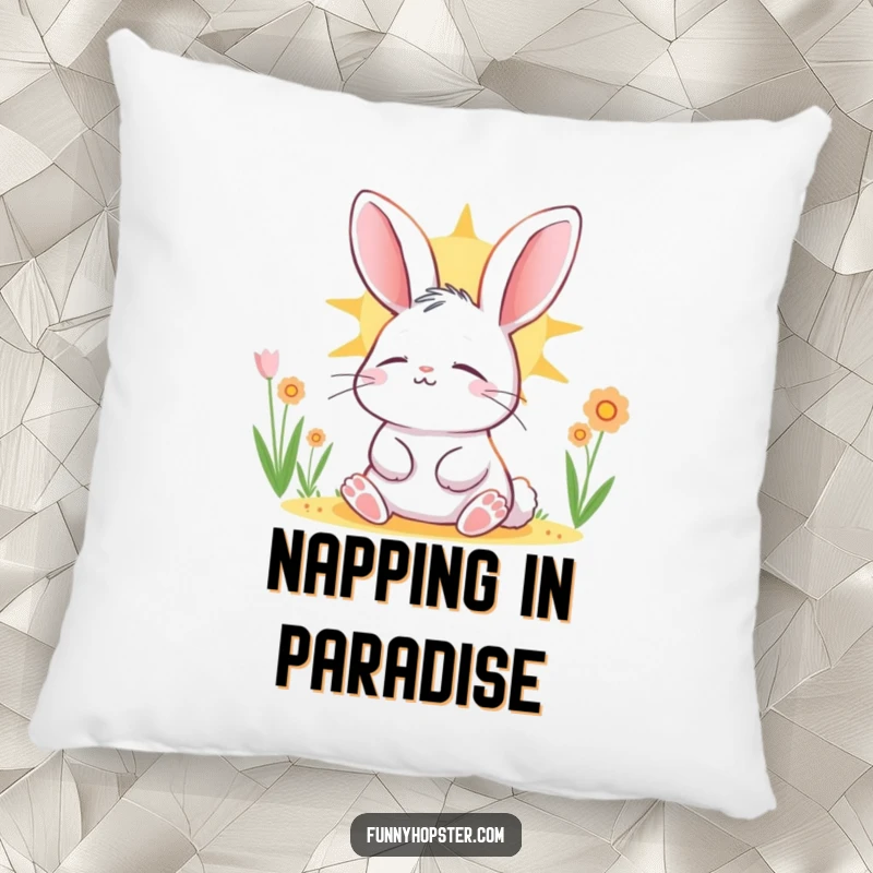 Funny rabbit character basking in the sun, eyes closed in contentment, presented as a soft and decorative pillow.