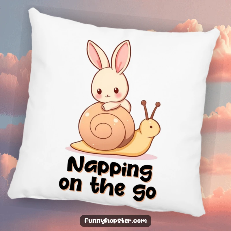 Funny pillow featuring a tiny rabbit riding peacefully on the back of a friendly, slow-moving snail.