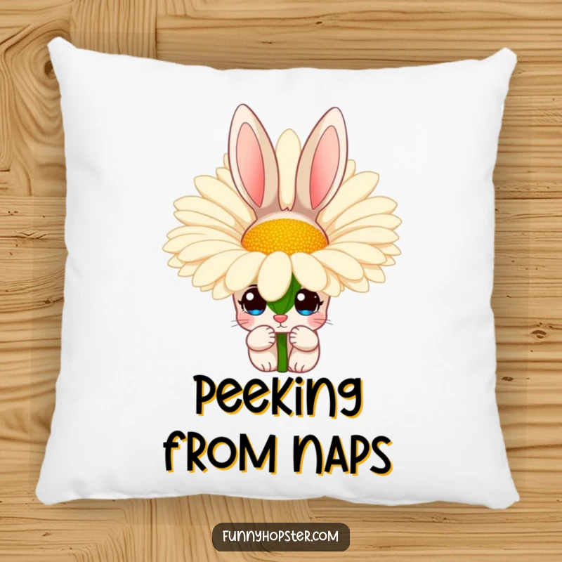 Funny pillow featuring a rabbit with wide, curious eyes peeking from behind a large daisy, providing comfort and a cheerful aesthetic.