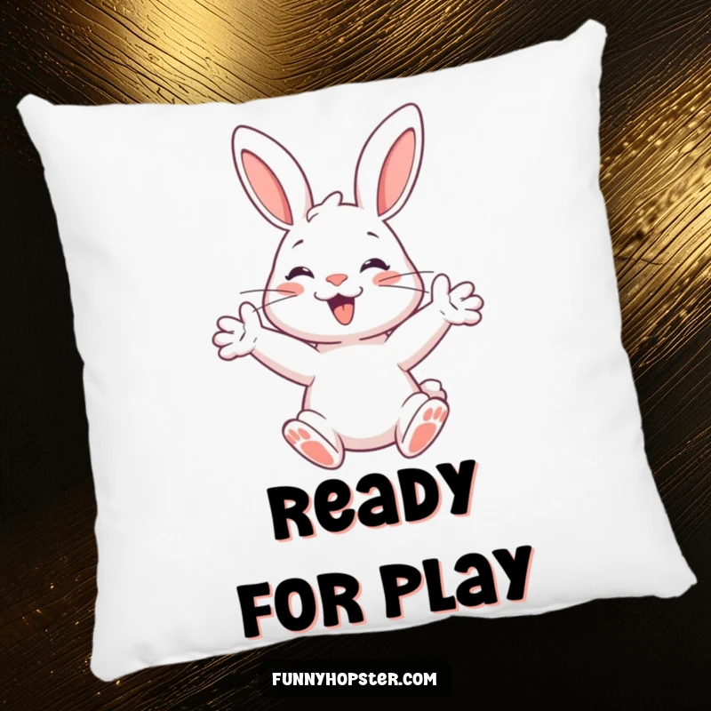 Funny pillow designed with a happy rabbit character, paws outstretched, ready to spring, offering humorous and comfortable decor.