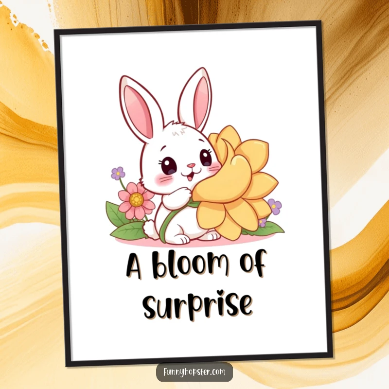 Funny digital art print of a surprised kawaii rabbit discovering a giant flower, perfect for instant whimsical wall decor.