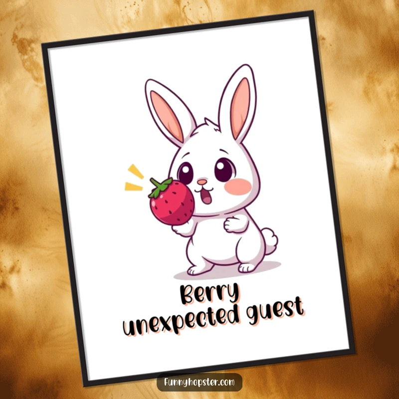 Funny digital art print of a rabbit with wide, startled eyes, reacting to a bouncing berry, printable decor.