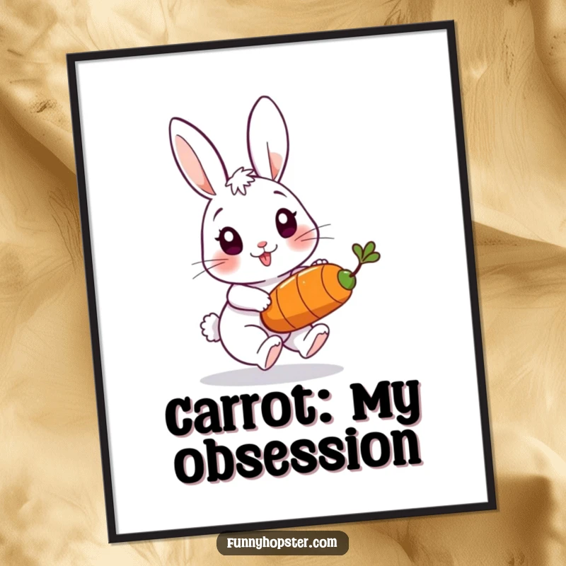 Funny digital art print depicting a playful rabbit character chasing a bouncing carrot, symbolizing energy and joyful pursuit.