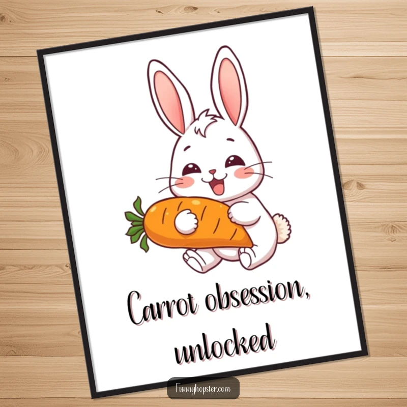 Funny digital art print of a cheerful rabbit with perked ears, gleefully munching on a huge carrot, printable decor.