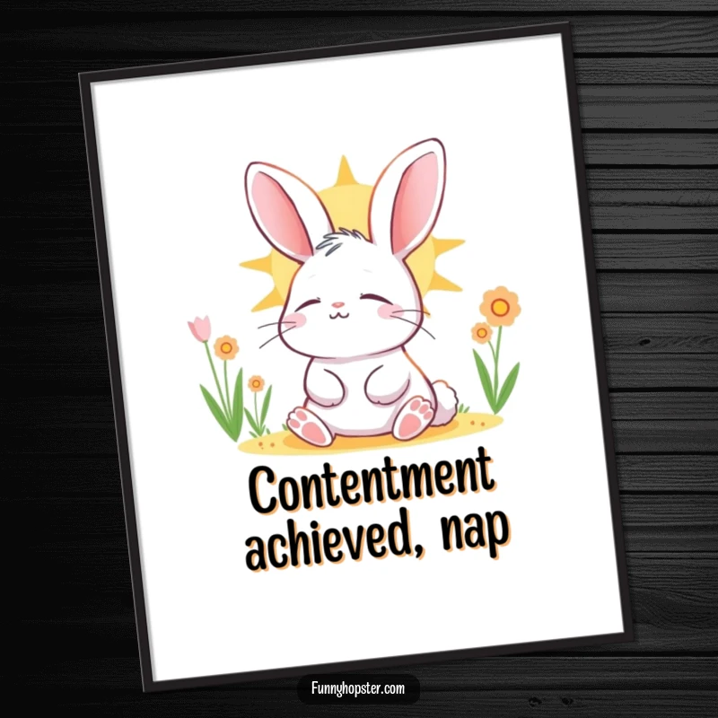 Funny rabbit character basking in the sun, eyes closed in contentment, as a downloadable digital art print for serene decor.