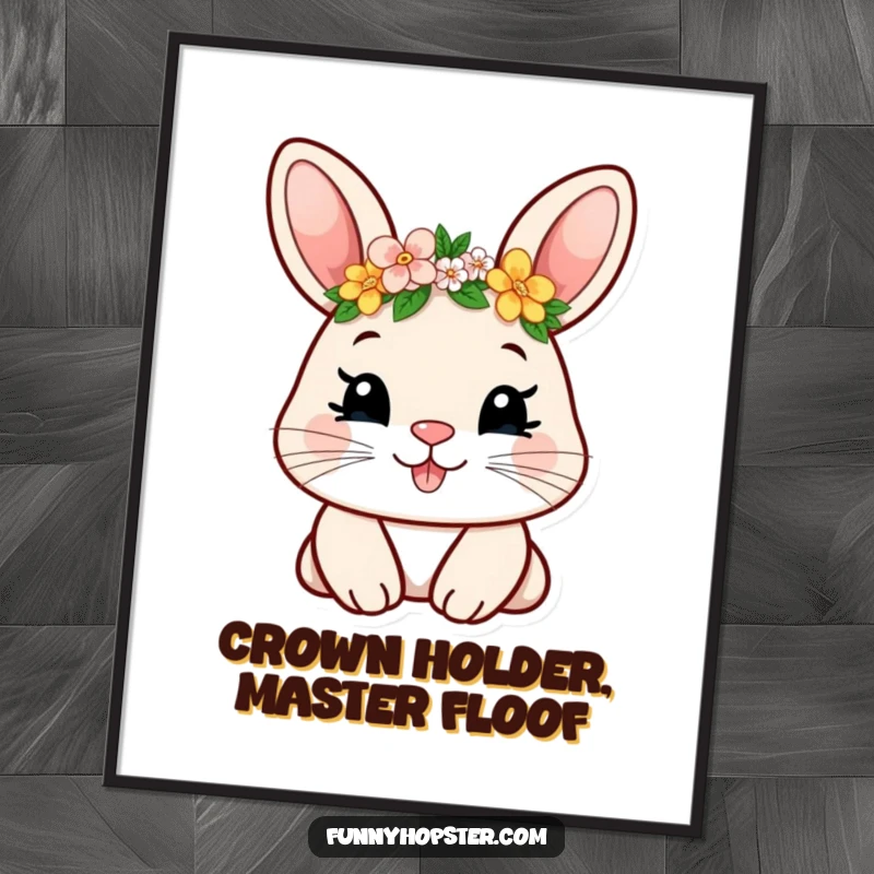 Funny digital art print of a smiling rabbit wearing a tiny flower crown, radiating pure joy and whimsical charm.