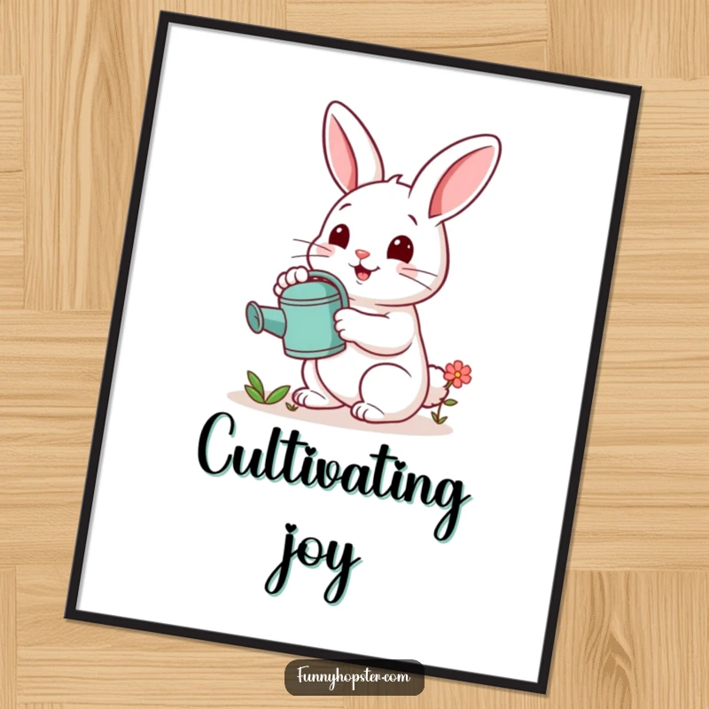 Funny digital art print of a cheerful rabbit holding a watering can, tending to a tiny flower, perfect for charming decor.