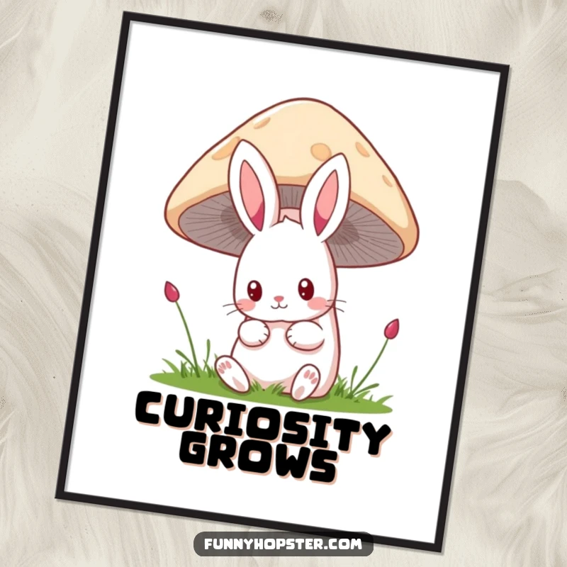 Funny kawaii rabbit digital art print of a cute bunny peeking curiously from behind a mushroom, full of wonder and charm.