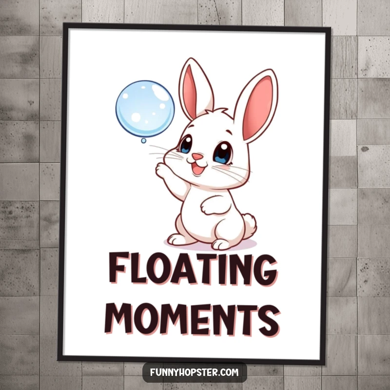Funny digital art print of a playful rabbit with big, happy eyes batting at a floating bubble, capturing pure, bubbly delight.
