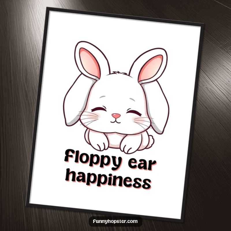 Funny digital art print of a kawaii rabbit with long, flopped ears, looking sleepy and content, perfect for instant cozy decor.