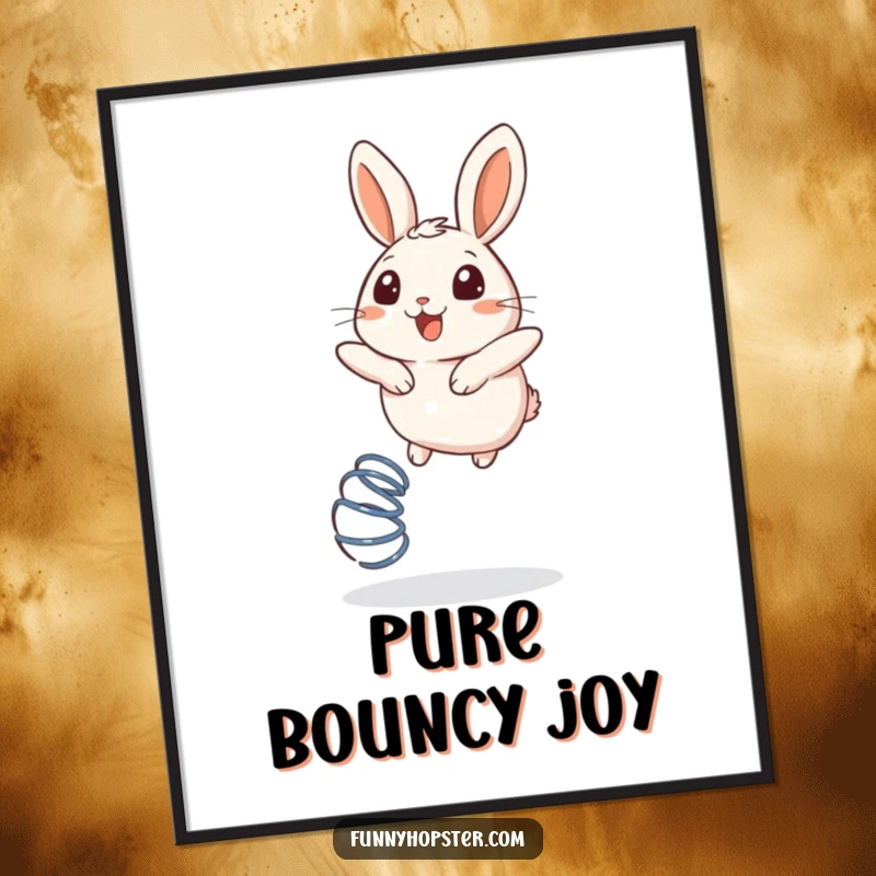 Funny digital art print of a round rabbit bouncing ecstatically on a spring with an expression of pure delight.