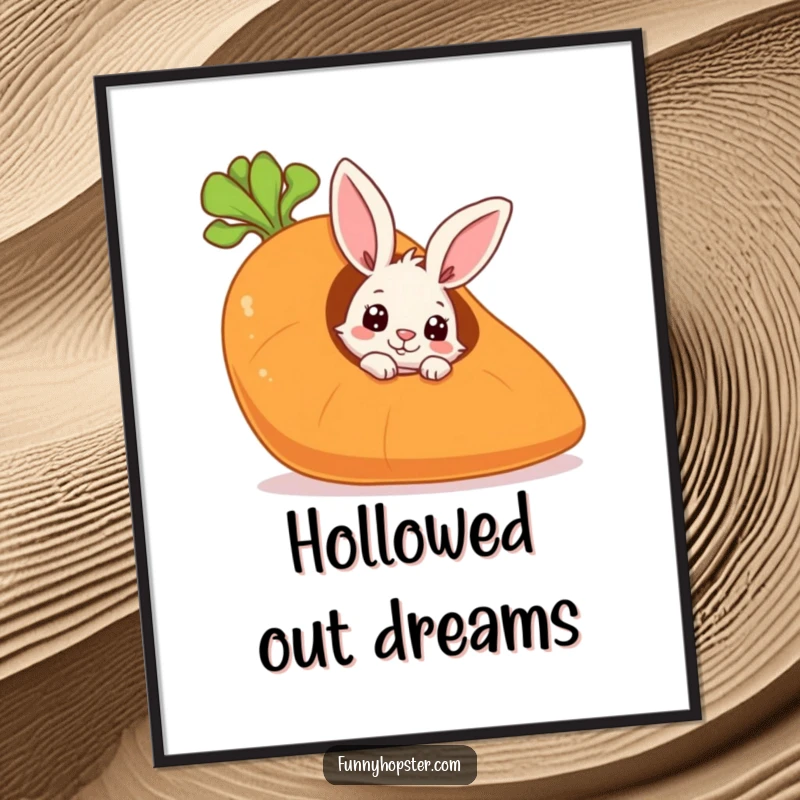 Funny digital art print of a curious rabbit peeking from a giant hollow carrot, a playful and intriguing piece.