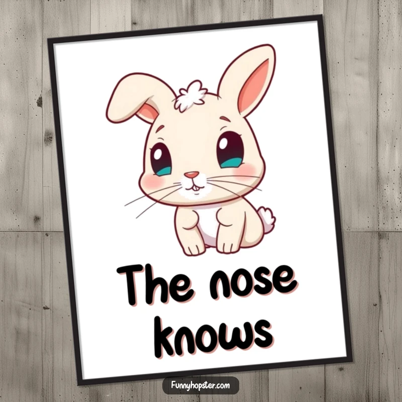Funny digital art print depicting a curious rabbit character with its nose twitching, perfect for adding intrigue and humor.