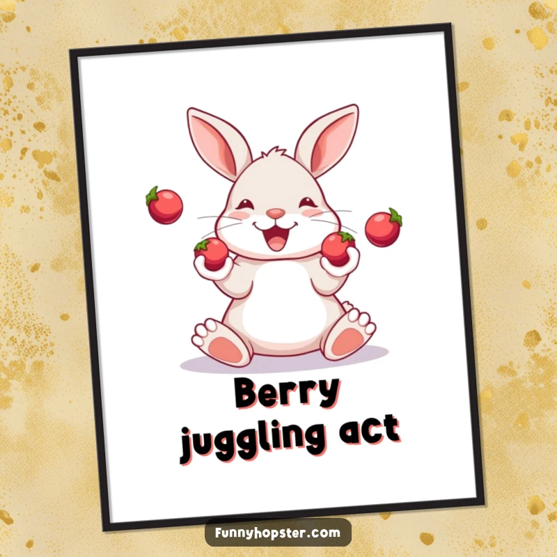 Funny digital art print of a happy rabbit skillfully juggling three shiny berries with its paws.